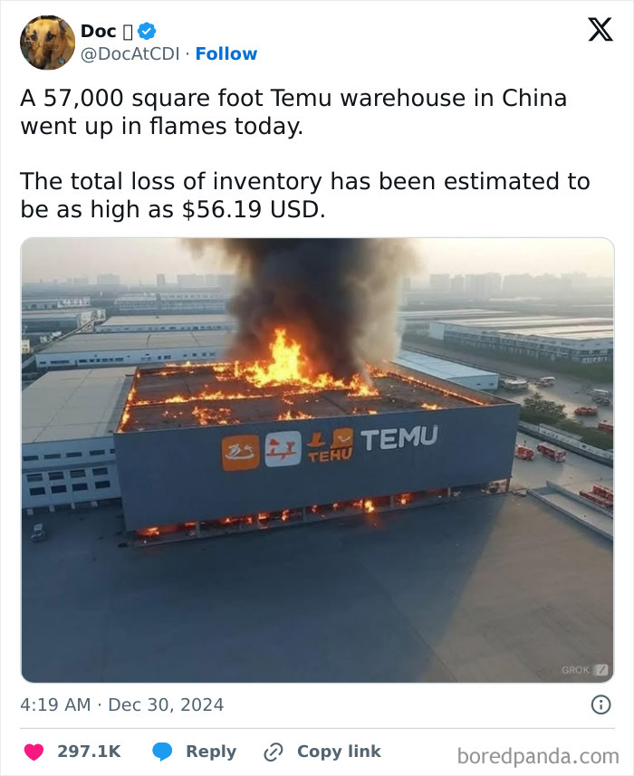 Warehouse fire meme shows dramatic flames and smoke rising from a large building.