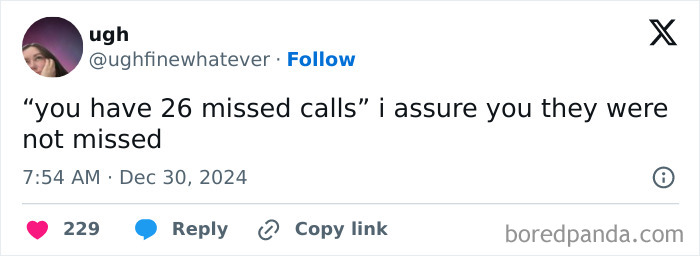 Anti-social meme about missed calls, humorously stating assurance they were not missed.