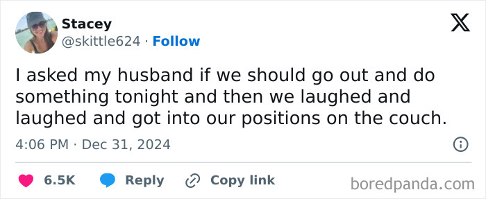 Text tweet about choosing to stay in and laugh with husband instead of going out, embodying anti-social memes humor.