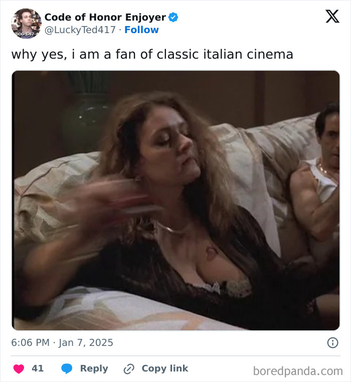 Person posing dramatically on a couch, humorously captioned tweet highlighted in the funniest tweets collection.