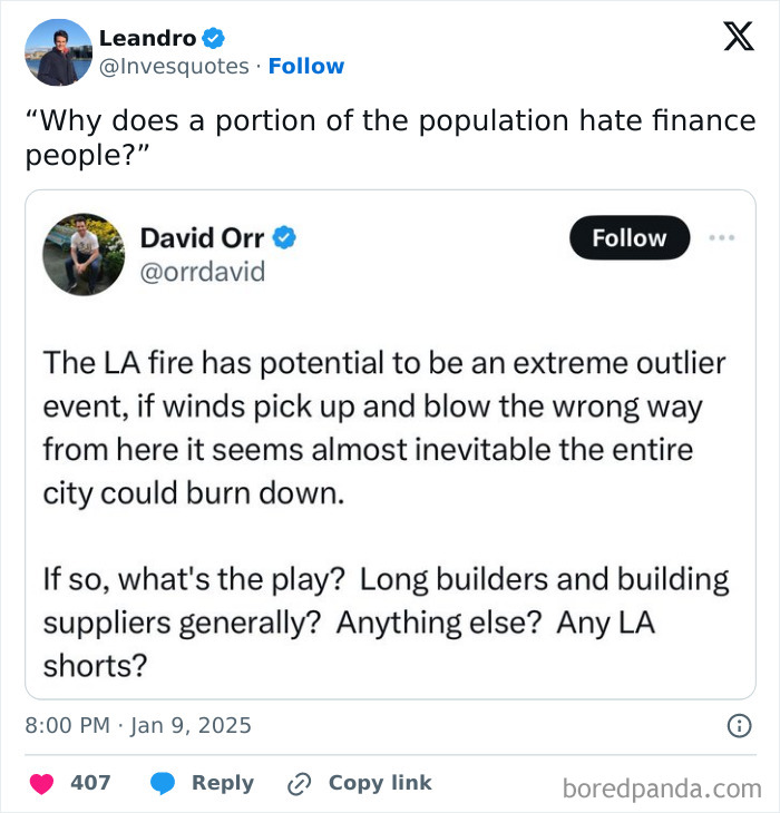 Wall Street meme about finance people's reputation, featuring a tweet discussing potential outcomes of an LA fire event.