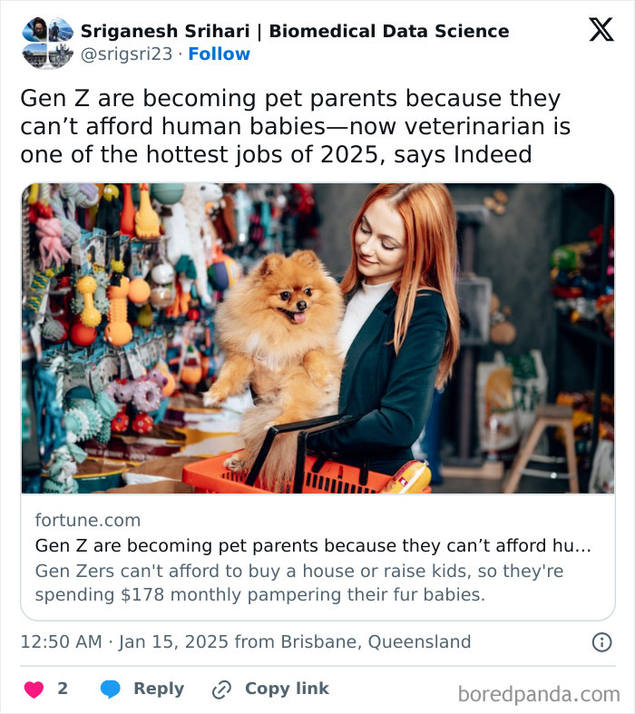 Woman holding a dog in a pet store, highlighting the rise of pet parenting among Gen Z and job growth in veterinary fields.