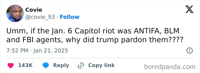 Tweet sarcastically questioning narratives about the Jan. 6 Capitol riot participants.
