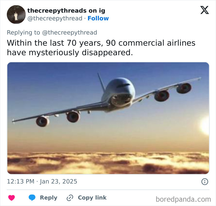 Commercial airplane flying above clouds at sunset illustrating spooky facts about our world and mysterious disappearances.