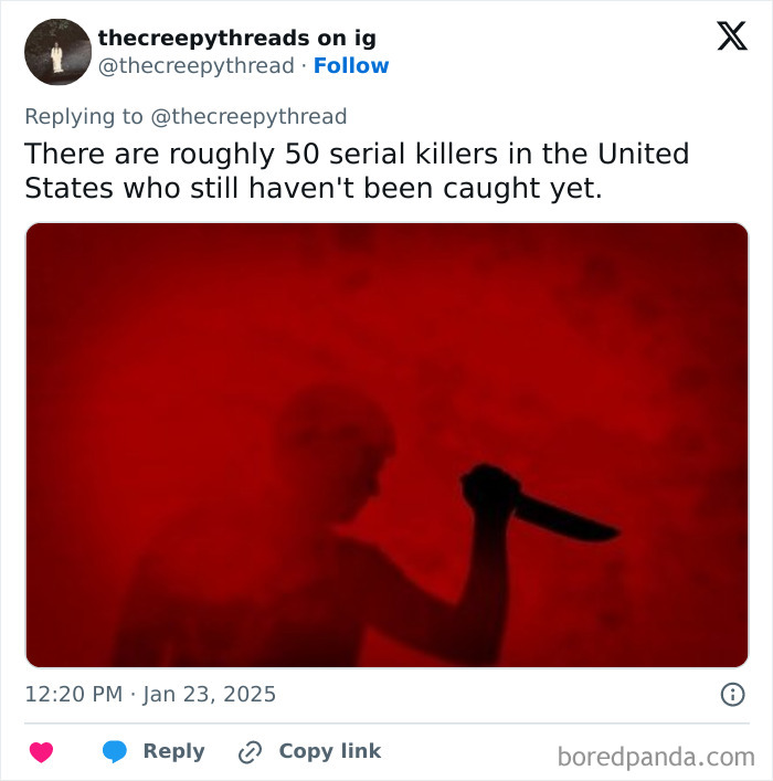 Silhouetted figure holding a knife in a red haze, illustrating spooky facts about our world and unidentified serial killers.