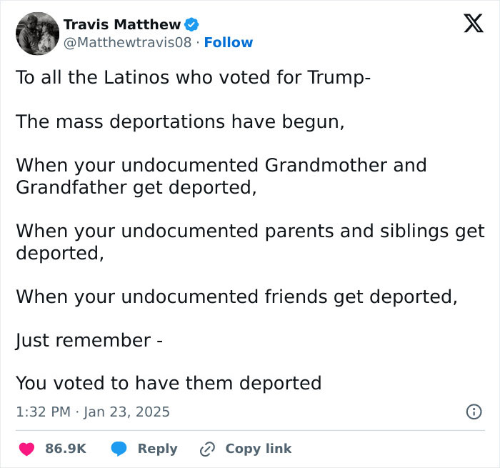 Tweet expressing unfiltered thoughts on mass deportations and voting choices, gaining attention on "White People Twitter."