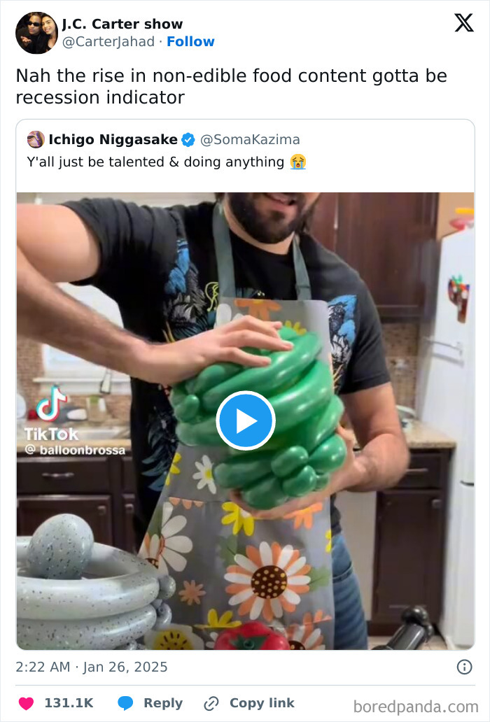 Man with beard creating balloon food art, a humorous recession indicator.