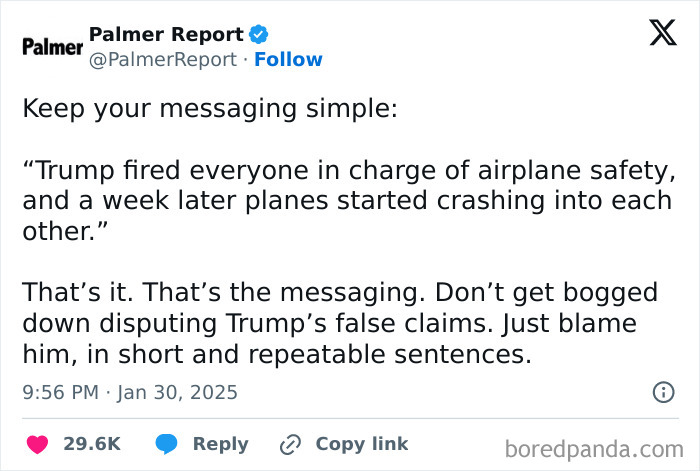 "Tweet from Palmer Report sharing unfiltered opinions on Trump's actions and the resulting chaos in airplane safety messaging."