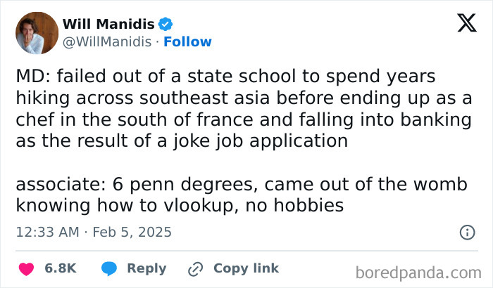 Wall Street meme: MD versus associate career paths, highlighting an unconventional journey versus academic achievements.