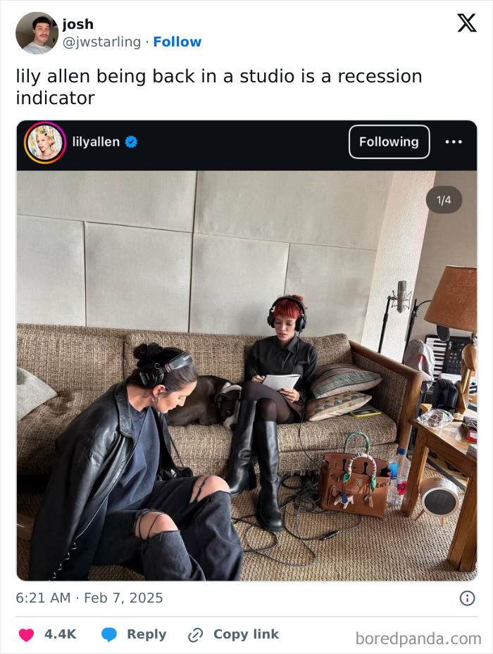 Two people with headphones in a studio, humorous take on recession indicators.