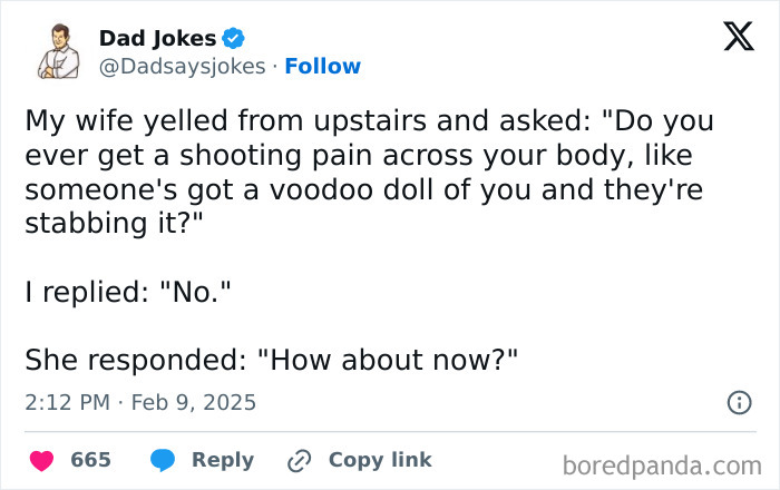 Daddy humor: Screenshot of a dad joke about a voodoo doll and shooting pain in a tweet format.