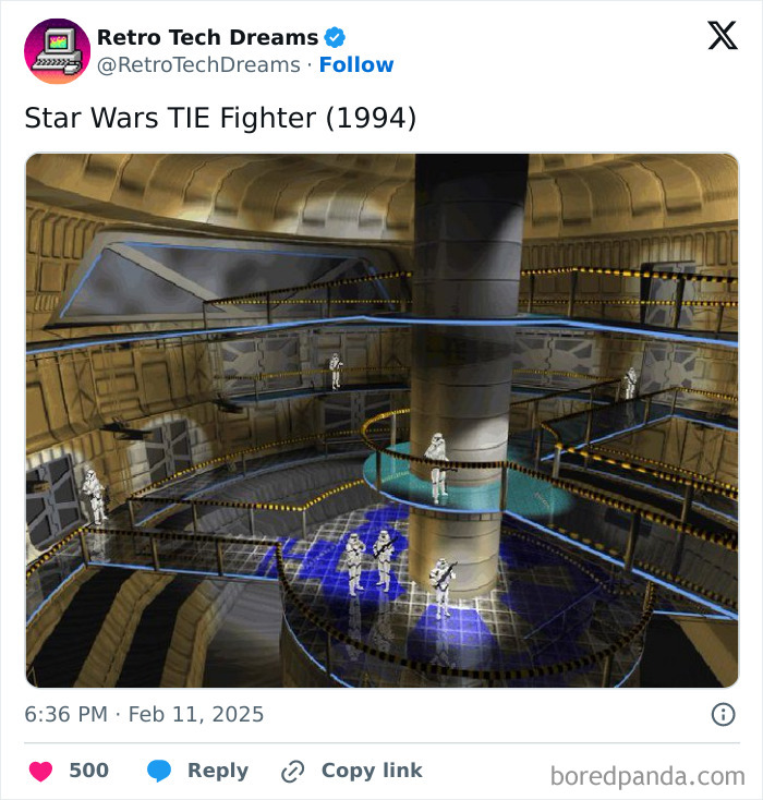 Retro technology: Scene from 1994 Star Wars TIE Fighter game depicting a futuristic interior with characters.