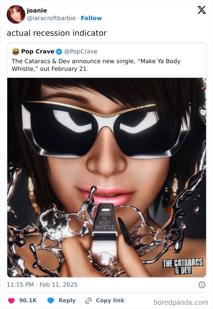 Person with sunglasses and a whistle, humorously labeled as a recession indicator.