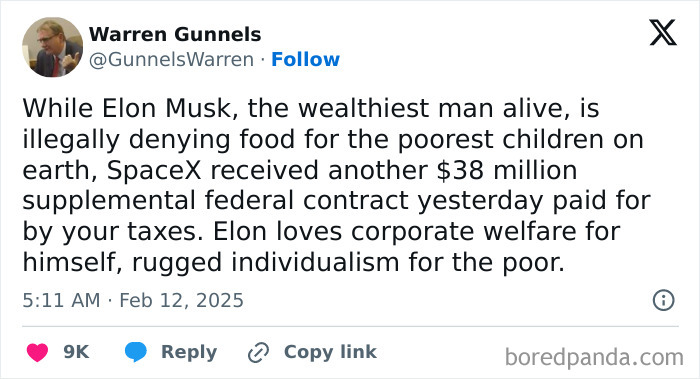 Tweet criticizing a wealthy figure for receiving government contracts while denying aid to the poor.