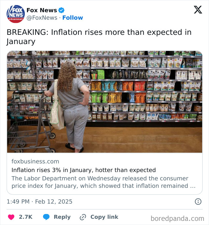 A woman stands in front of a grocery shelf, reflecting on inflation and facepalm moments.
