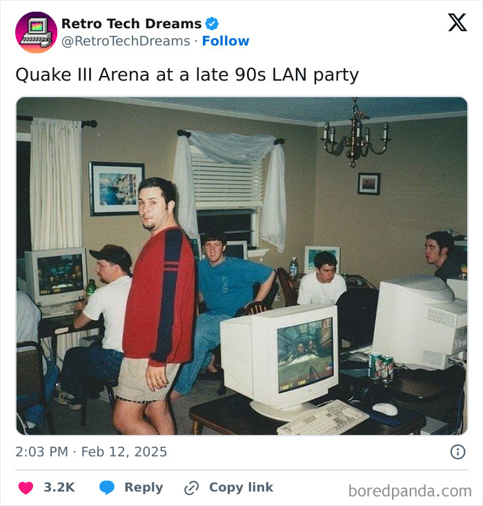 Late 90s LAN party with gamers playing Quake III Arena, showcasing nostalgic retro tech and CRT monitors.