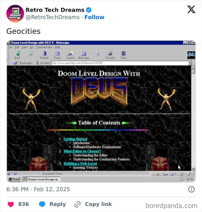 Doom level design page on Netscape browser, showcasing retro technology nostalgia.