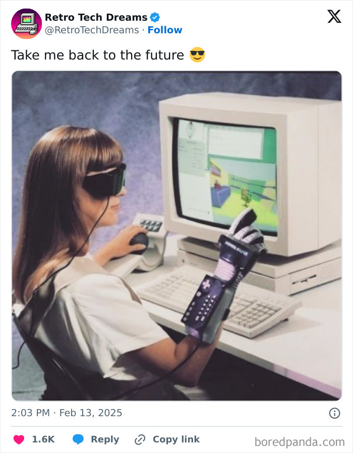 Person using vintage VR gear and computer, embodying retro tech dreams with a futuristic theme.