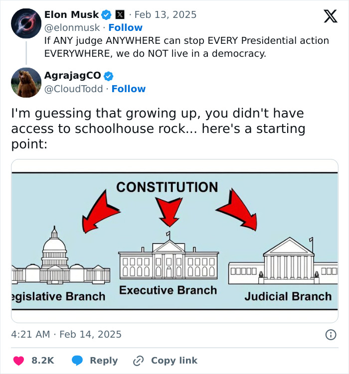 Twitter exchange featuring a graphic on government branches, highlighting a facepalm moment over democracy misunderstanding.