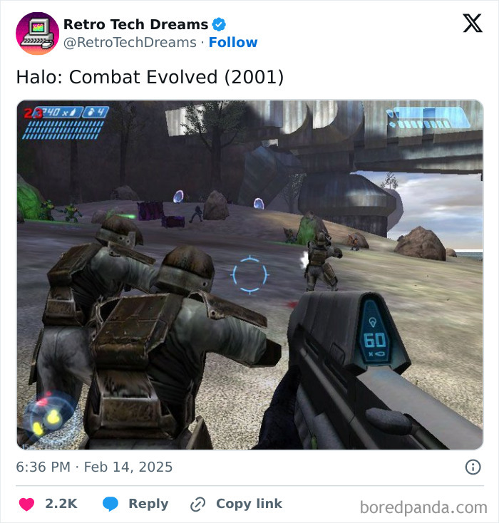 Retro tech game scene from Halo: Combat Evolved, showing soldiers and weaponry in a futuristic landscape.