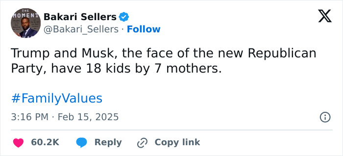 Tweet highlighting a facepalm moment, humorously questioning family values and political figures.