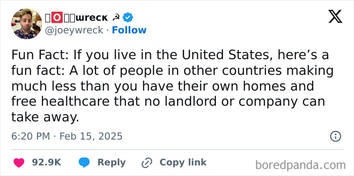 A tweet highlighting facepalm moments about global housing and healthcare disparities.