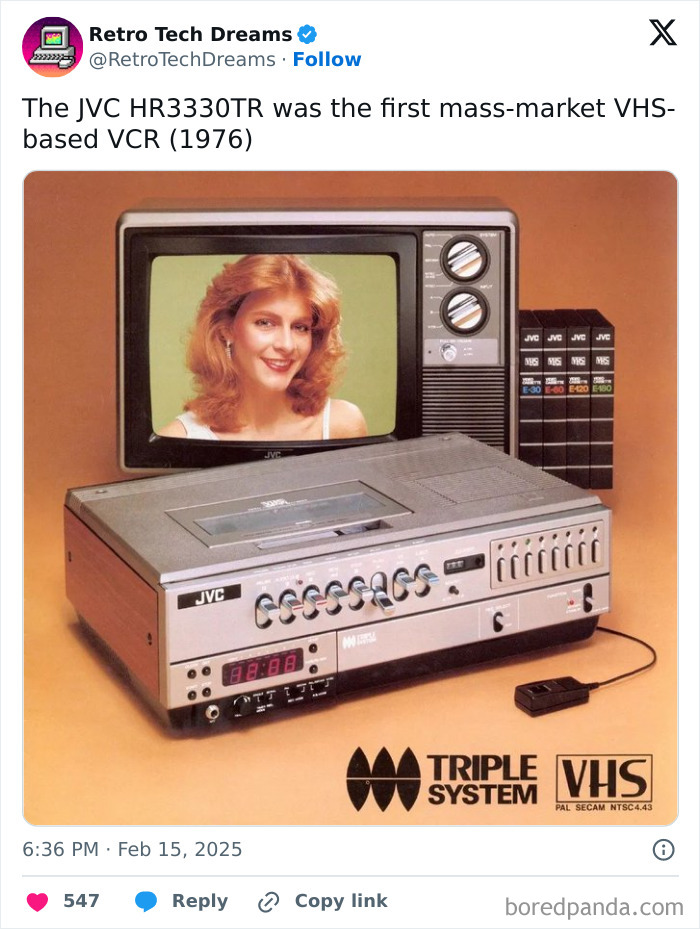 Retro technology: JVC HR3330TR, first VHS-based VCR from 1976, with a vintage TV displaying a woman’s portrait.