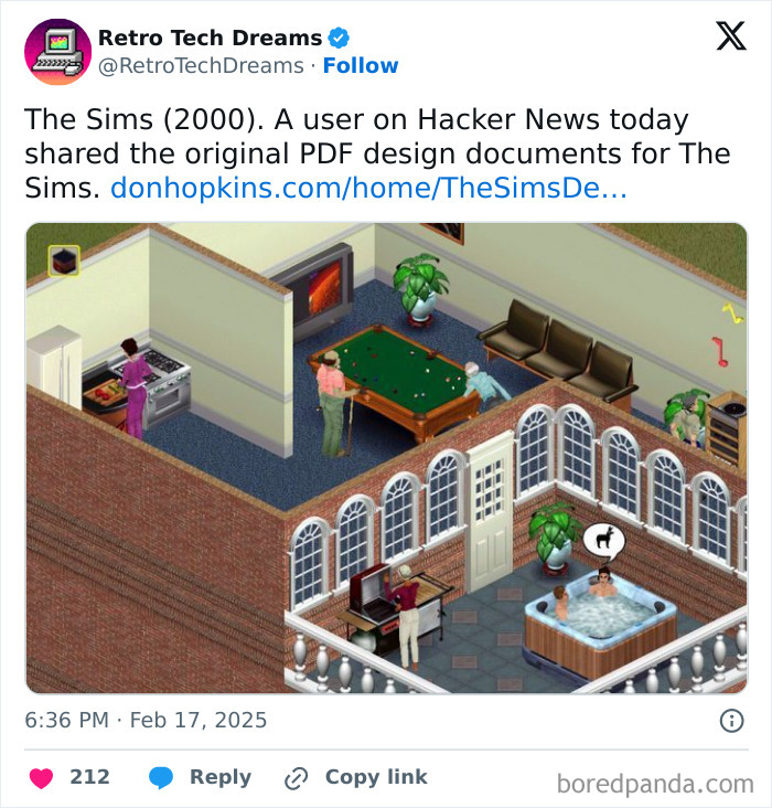 "Isometric view of The Sims game, showcasing retro technology elements like a pool table and hot tub in a virtual setting."