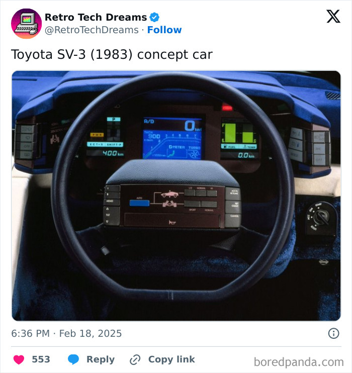 Retro tech inside of a Toyota SV-3 1983 concept car, showcasing a vintage dashboard and retro vehicle controls.