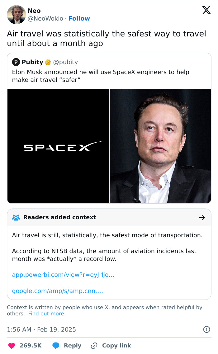Tweet about air travel safety and a SpaceX announcement, featuring Elon Musk's image.