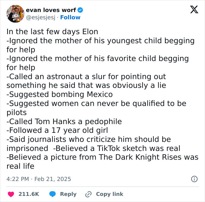 Tweet listing facepalm moments involving Elon, posted by user @esjesjesj, highlighting controversial actions.