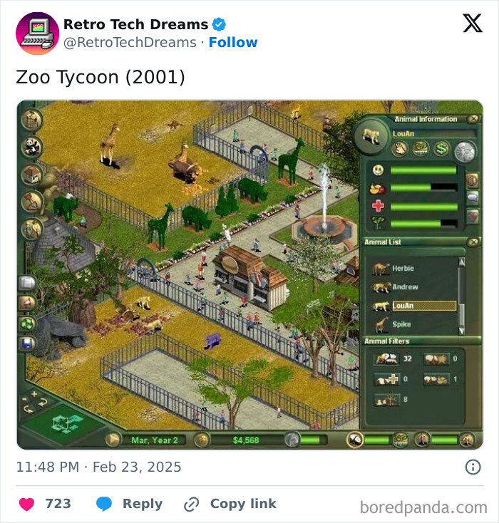 Retro tech image of Zoo Tycoon game interface from 2001, showcasing animal enclosures and park layout.