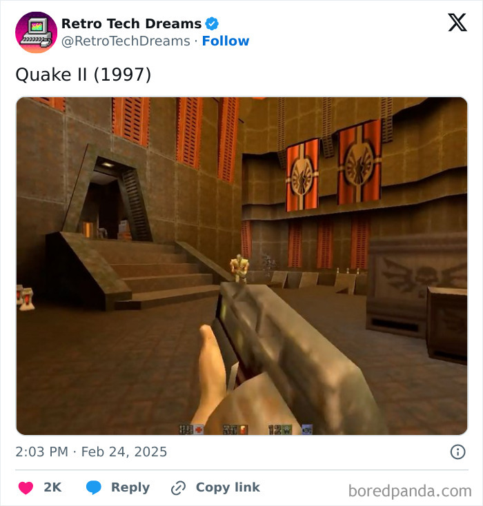 Gameplay screenshot from Quake II, a classic piece of retro tech, featuring a futuristic industrial setting.
