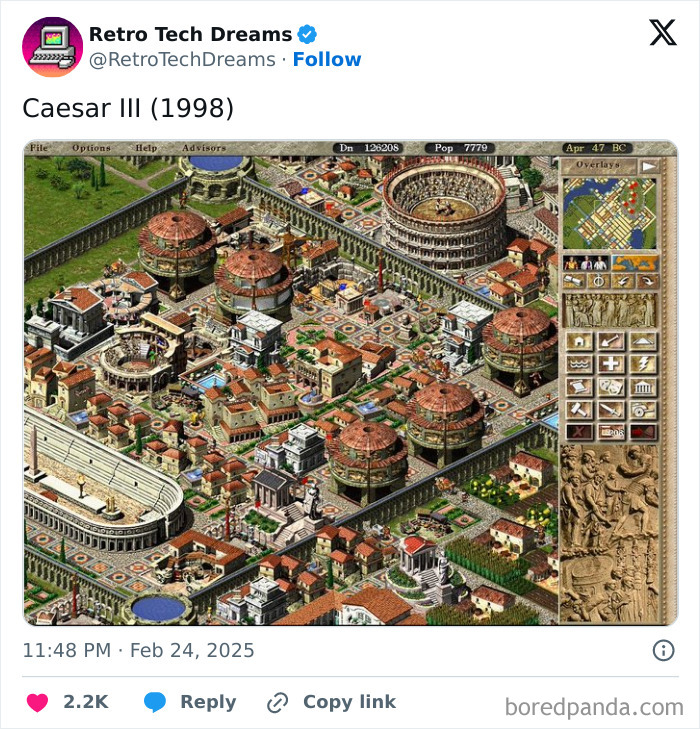 Retro tech screenshot of Caesar III game from 1998, showcasing a detailed ancient city design and interface.