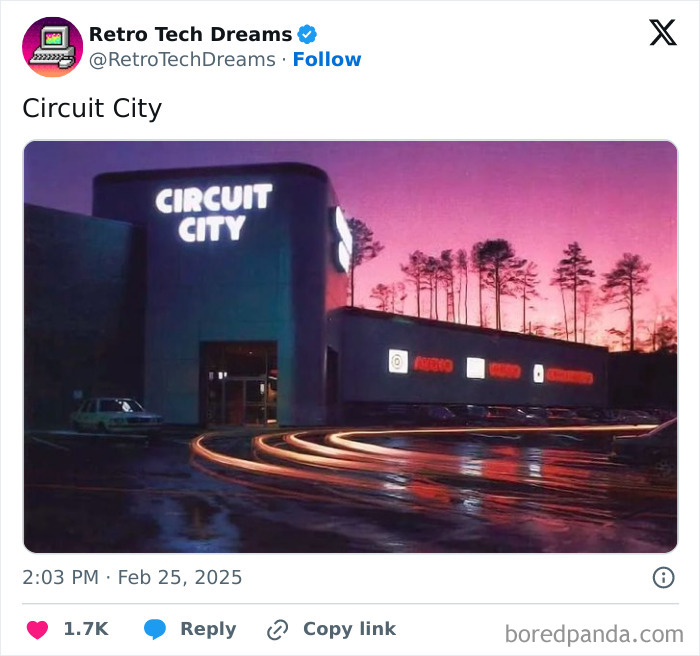 Retro tech storefront of Circuit City with glowing signage during twilight, capturing nostalgic technology vibes.