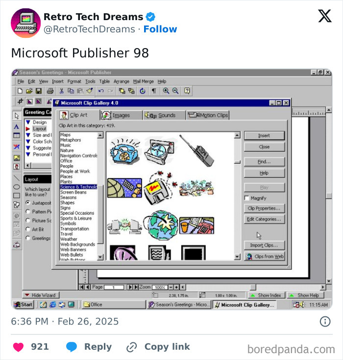 Retro tech: A screenshot of Microsoft Publisher 98 displaying the Clip Gallery with various clip art images.