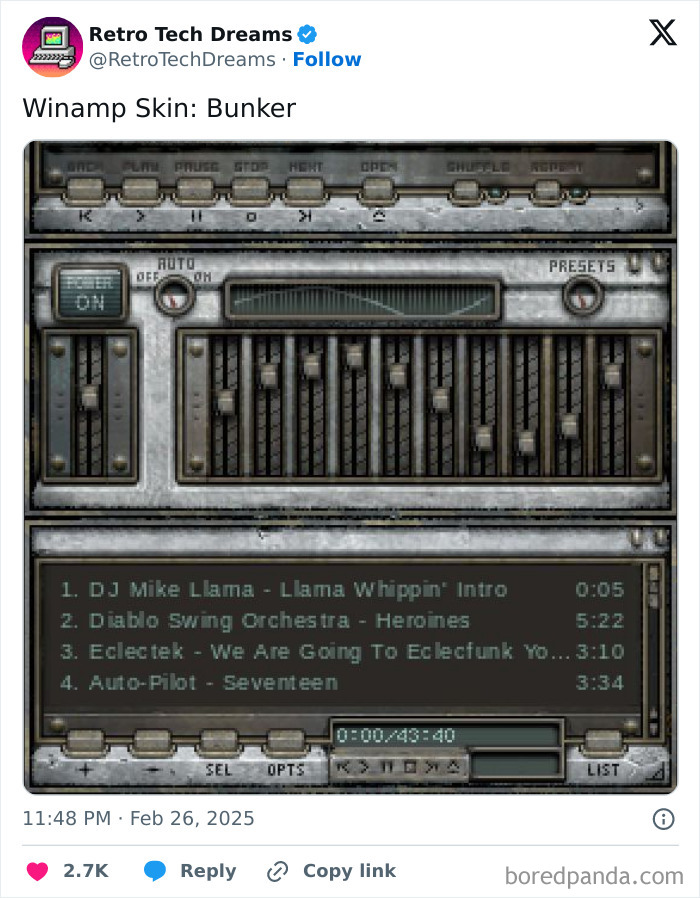 "Retro tech Winamp skin called Bunker, featuring playlist view and control panel, evoking tech nostalgia."
