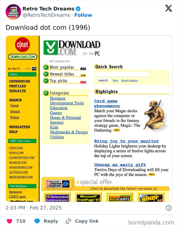 Retro tech screenshot of Download.com from 1996, featuring CNET services and category listings for nostalgic browsing.