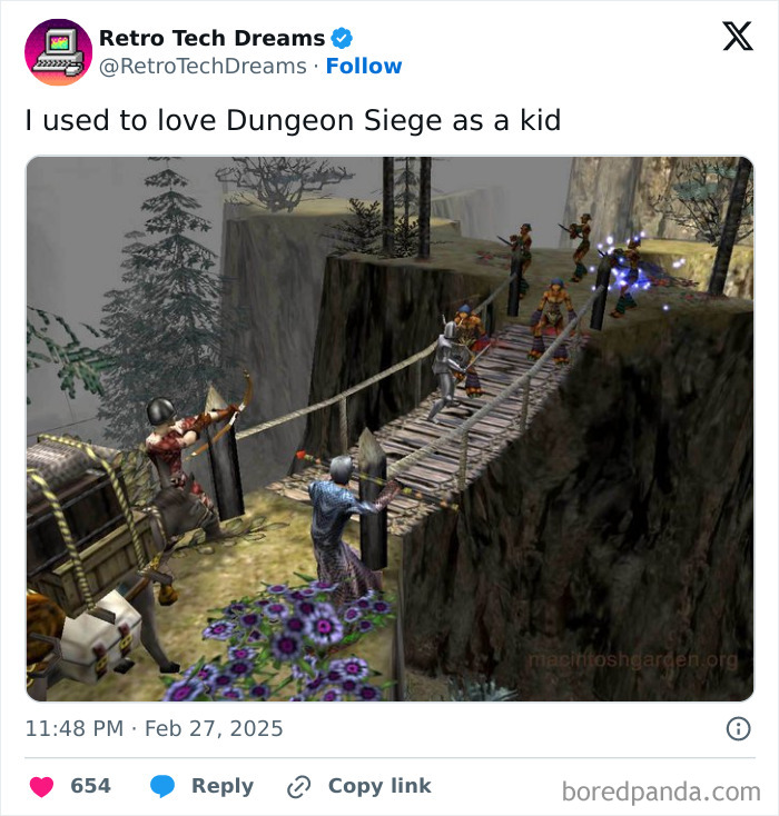 Retro tech game scene from Dungeon Siege, showing fantasy characters battling on a bridge in a forested canyon.