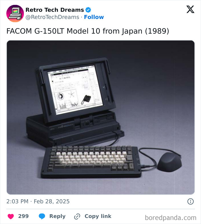 Vintage FACOM G-150LT Model 10 computer with keyboard and mouse, showcasing retro technology from 1989 Japan.