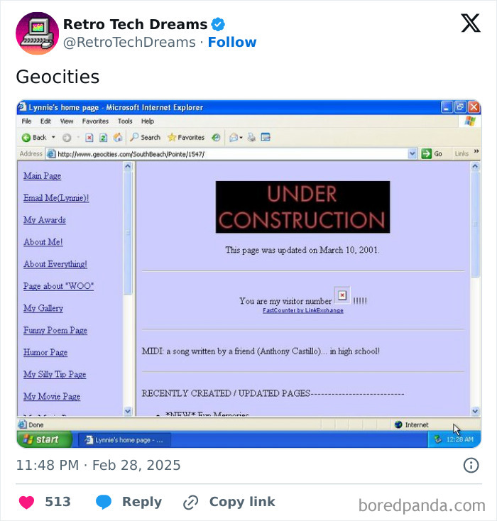 Internet Explorer showing a Geocities page under construction, updated on March 10, 2001.