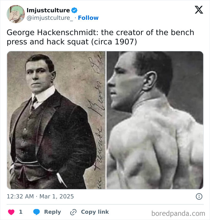 Black and white photos of a muscular man, a creator of the bench press and hack squat, in a suit and flexing back muscles.