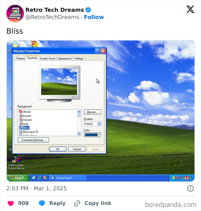 Windows XP desktop with classic Bliss wallpaper, showcasing retro tech nostalgia in display settings window.