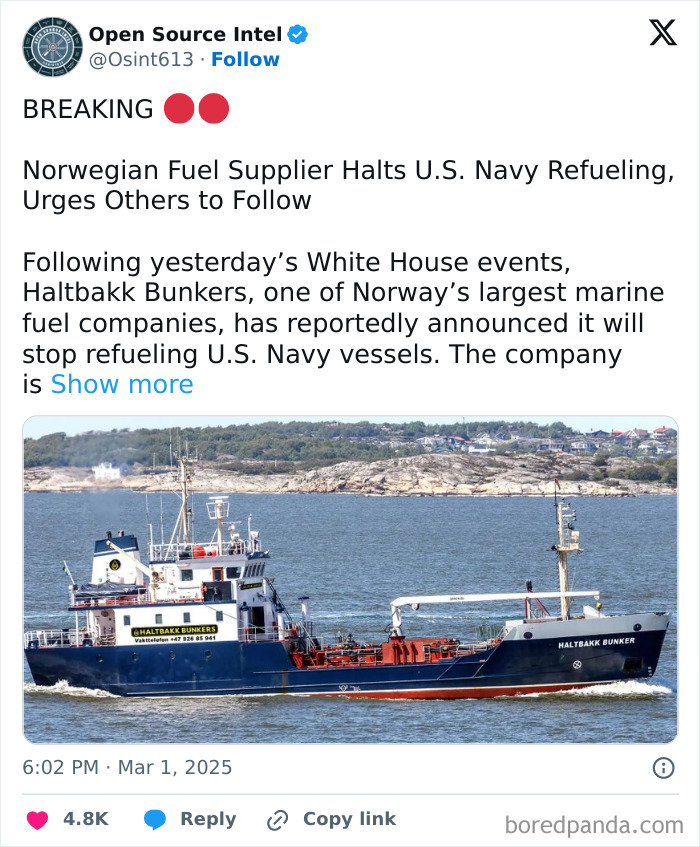 Norwegian ship in port with a news headline about fuel supply halt, stirring facepalm moments and questioning global relations.