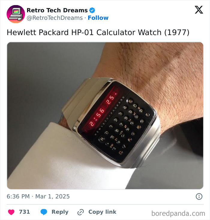 Hewlett Packard HP-01 calculator watch from 1977 on a wrist, representing retro tech nostalgia.