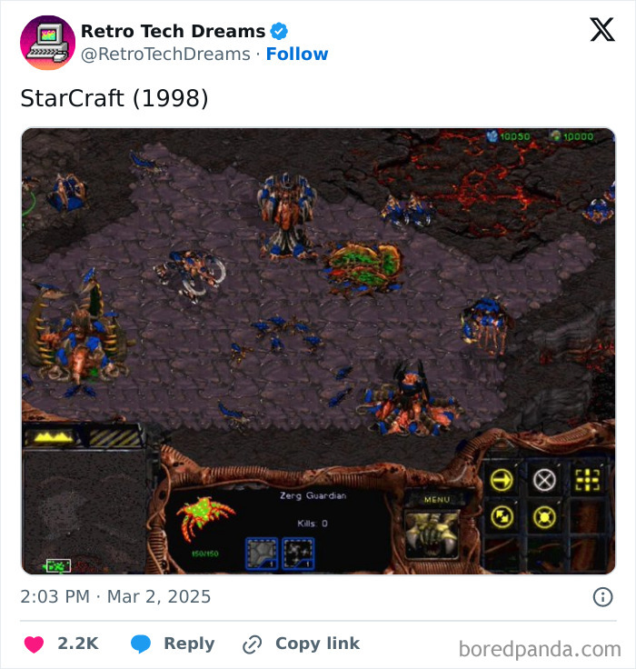 Retro technology screenshot of StarCraft game interface from 1998, displaying Zerg units on a textured battlefield.
