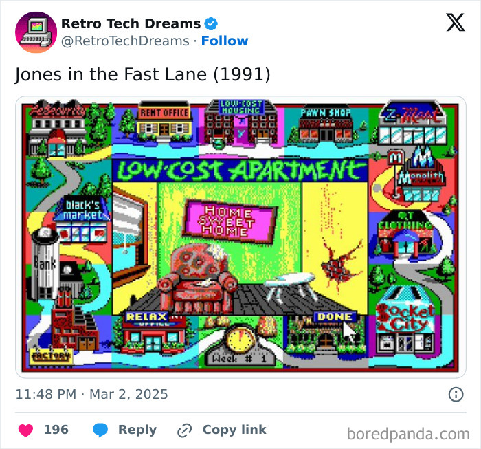 Retro tech: Colorful pixel art from the game "Jones in the Fast Lane" (1991), featuring a virtual apartment scene.