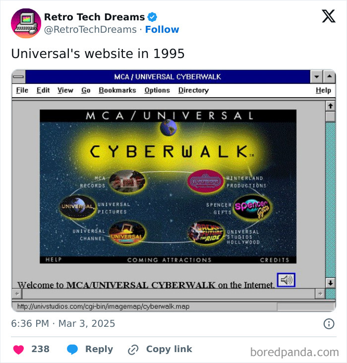 Retro tech website from 1995 showcasing Universal's Cyberwalk interface with nostalgic design elements.