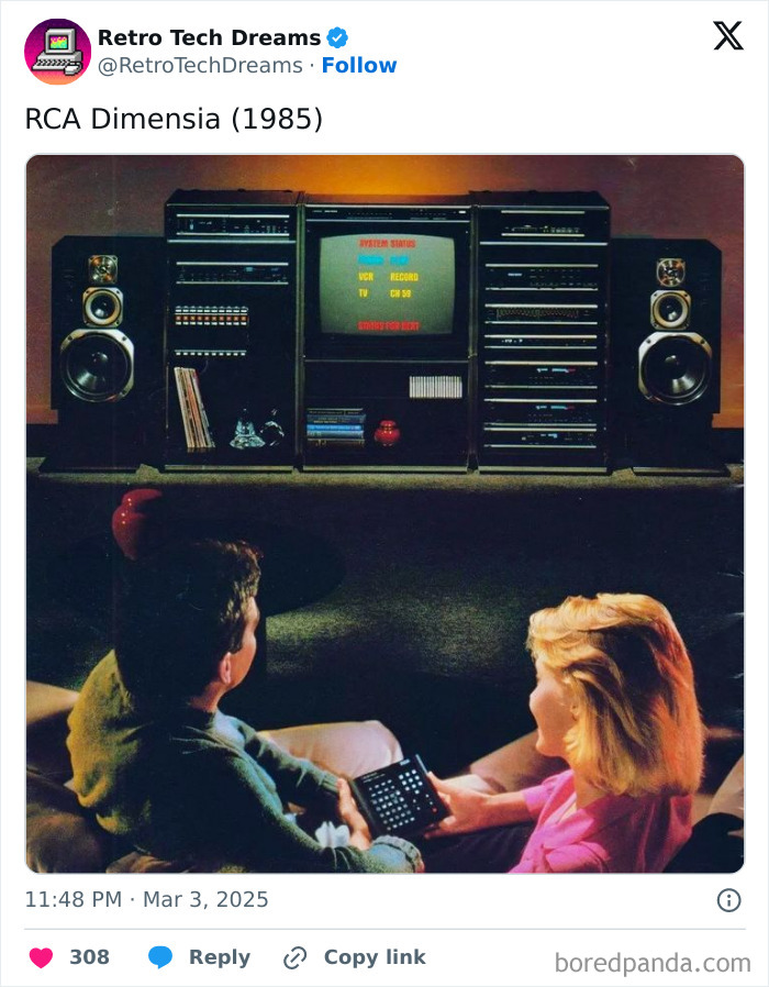 Two people seated, engaging with an RCA Dimensia system from 1985, featuring nostalgic retro tech gadgets.
