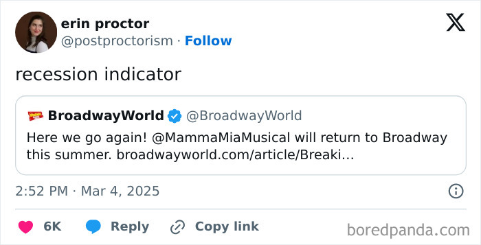 Twitter post humorously linking a Broadway return to recession indicators.